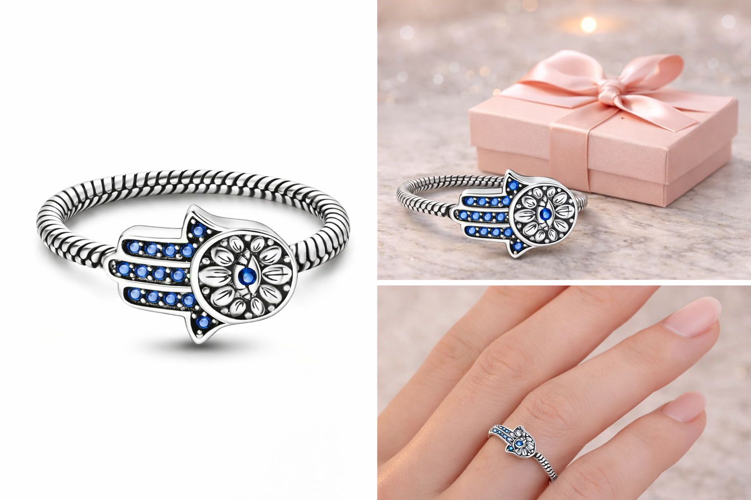 Anillo Mano de Fátima Plata y Azul