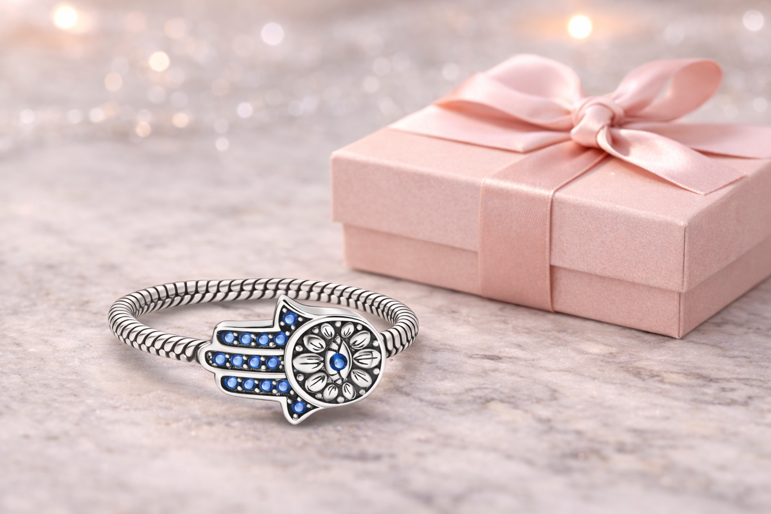 Anillo Mano de Fátima Plata y Azul