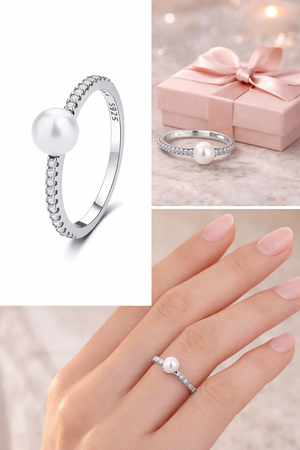 Anillo de plata con perla y circonitas