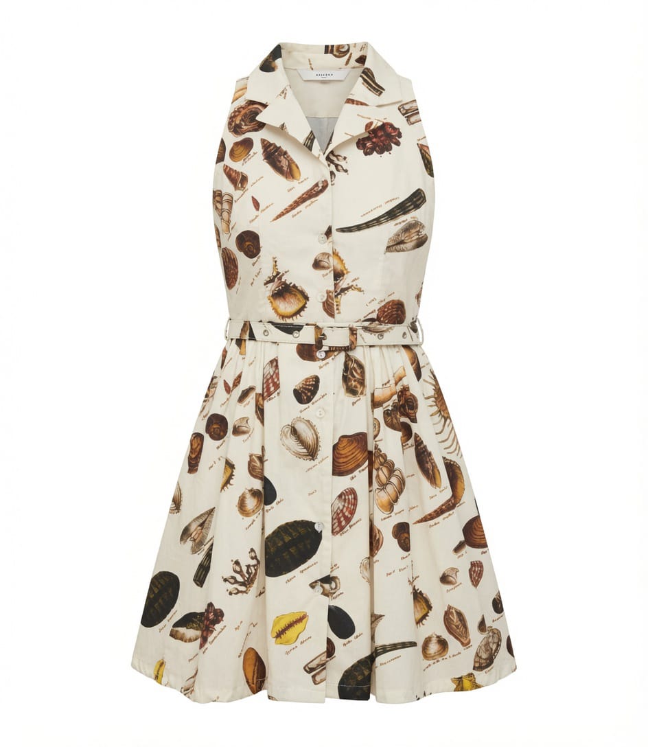 VESTIDO HALTER CON CUELLO  ESTAMPADO CONCHAS