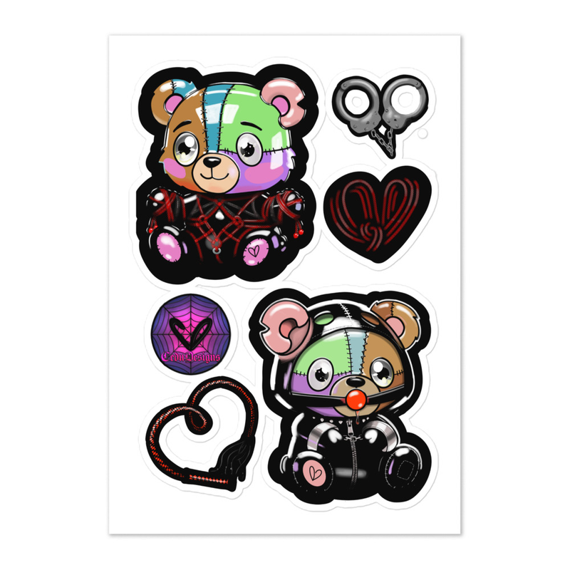 Kinky Teddy Accessories Gloss Sticker Sheet | Kink Bondage Art with Shibari BDSM Bear