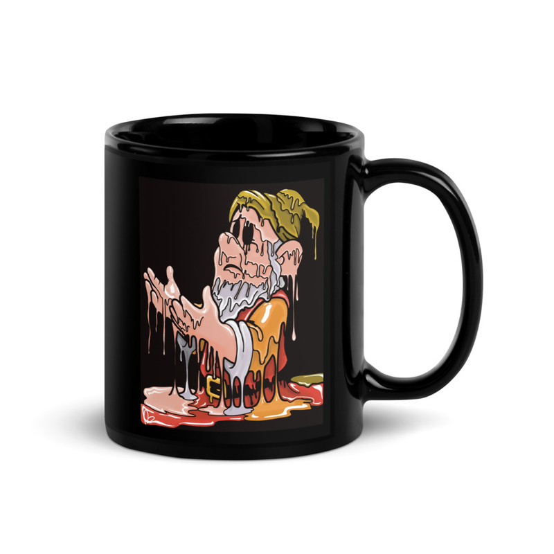 Beggar Mug,  Melting Gnome Black Ceramic Coffee Cup, Shadow Work Drip Art