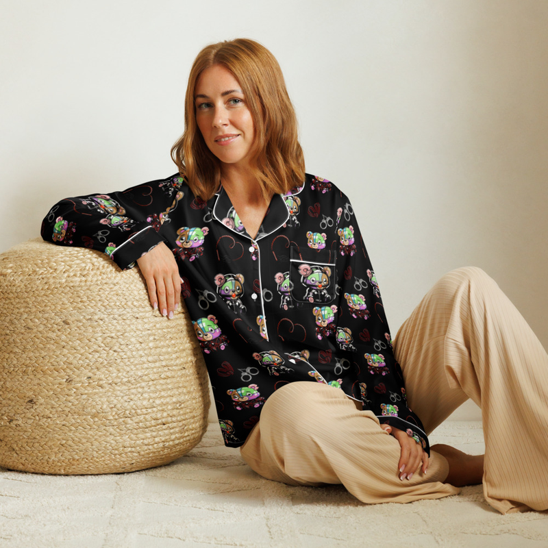 Kinky Teddy Shibari BDSM Play Pajama Top for Women, Erotic Teddy Pattern, Playful Bondage Sleepwear, Long Sleeve Erotic Sleep Top