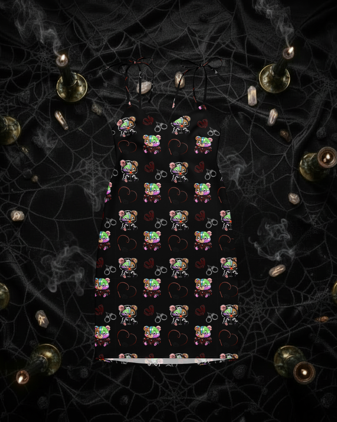 Kinky Teddy Slip Dress - BDSM Bondage Bear Nightgown Sleepwear with Adult Pattern Silky Fabric