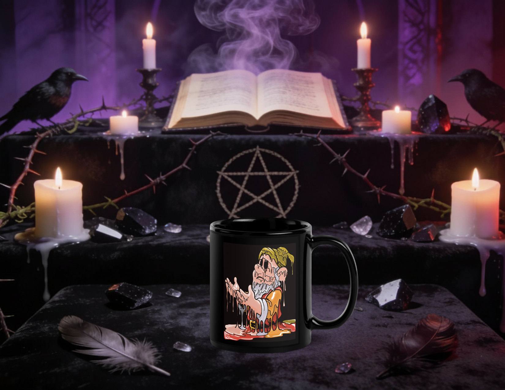 Beggar Mug,  Melting Gnome Black Ceramic Coffee Cup, Shadow Work Drip Art