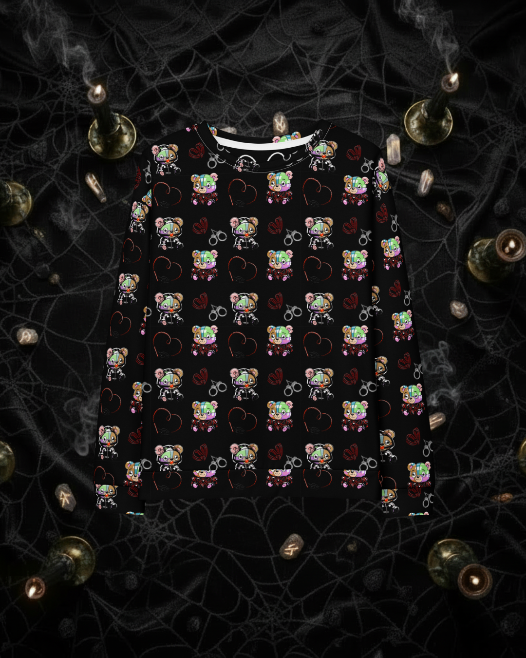 Kinky Teddy BDSM Shibari Unisex Cotton Sweatshirt, Playful Bondage Pajama Top, Erotic Teddy Art, Kinky Pyjama Top, Shibari Hearts PJ