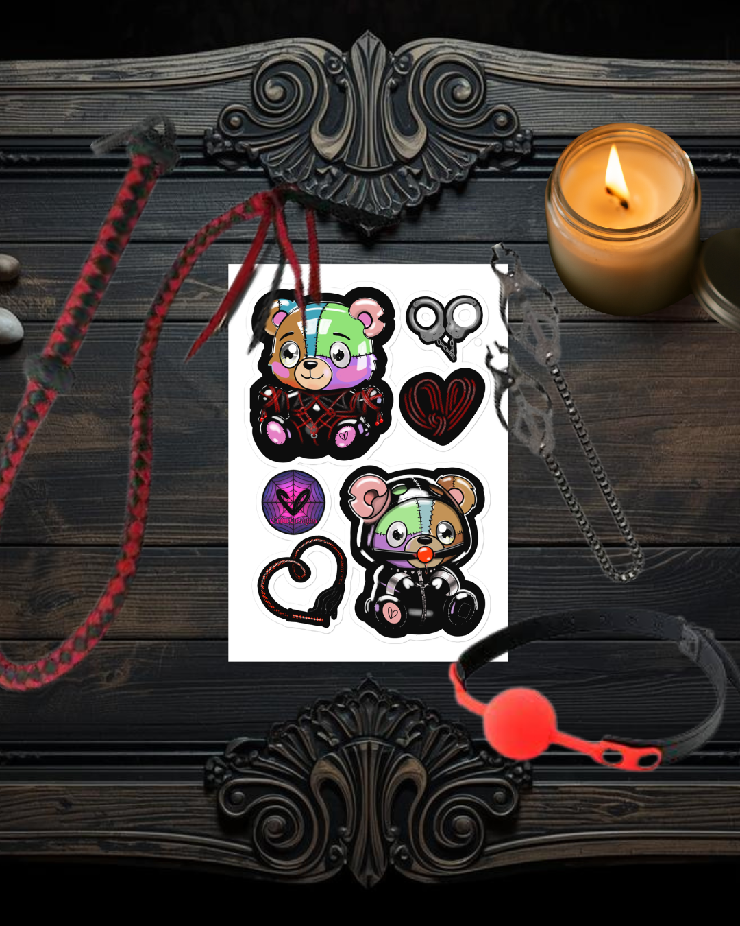 Kinky Teddy Accessories Gloss Sticker Sheet | Kink Bondage Art with Shibari BDSM Bear