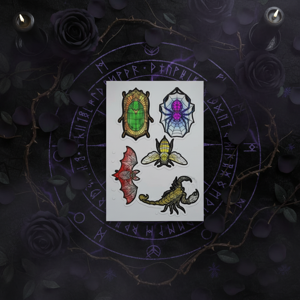 Witchy Bugs Sticker Sheet - Stained Glass Spider Bat Bee Scorpion Beetle Mystical Insect Decor for Planners, Laptops, Grimoires