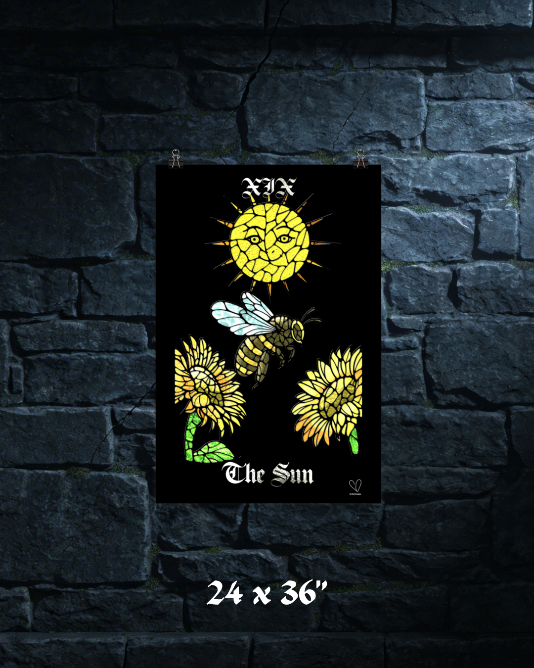 Creeping Shadows Tarot Print The Sun Bumble Bee & Sunflowers Mystic Wall Art Stained Glass Tarot Major Arcana Spirituual Decor