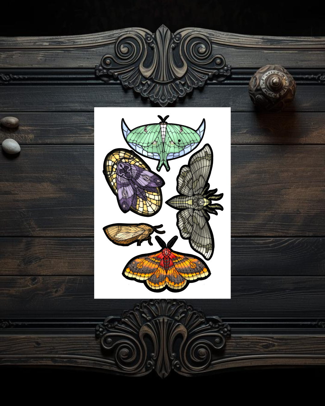 Witchy Moths Sticker Sheet - Stained Glass Luna Moth, Death's Head, Cecropia Insect Decals 