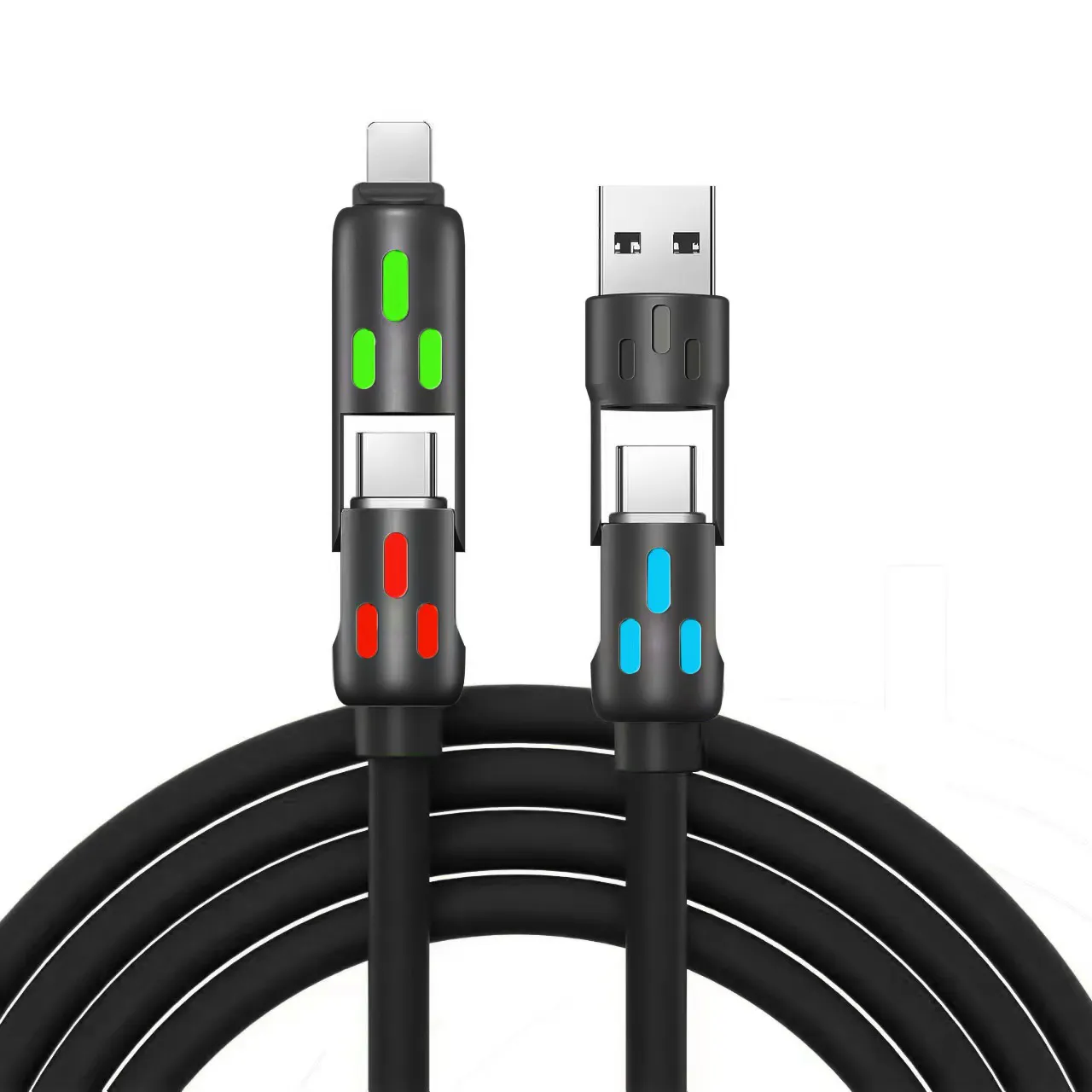 240W Silicone 4-in-1 Multi USB Charger Cable 3A Fast Charging with LED Light USB Type C & Braid Shielding TPE Jacket 60W Power