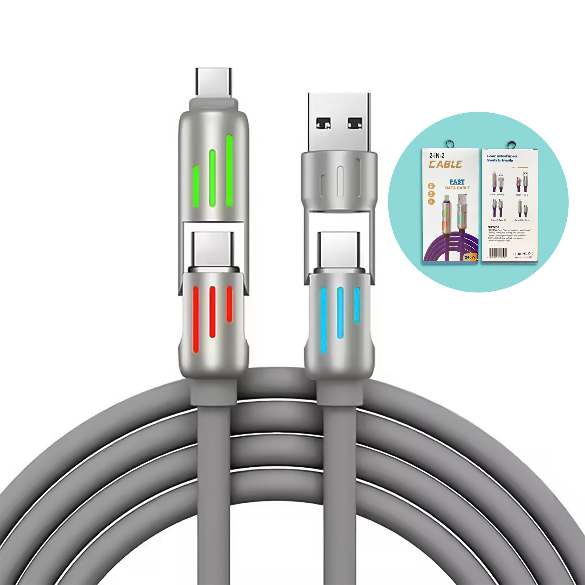 240W Silicone 4-in-1 Multi USB Charger Cable 3A Fast Charging with LED Light USB Type C & Braid Shielding TPE Jacket 60W Power