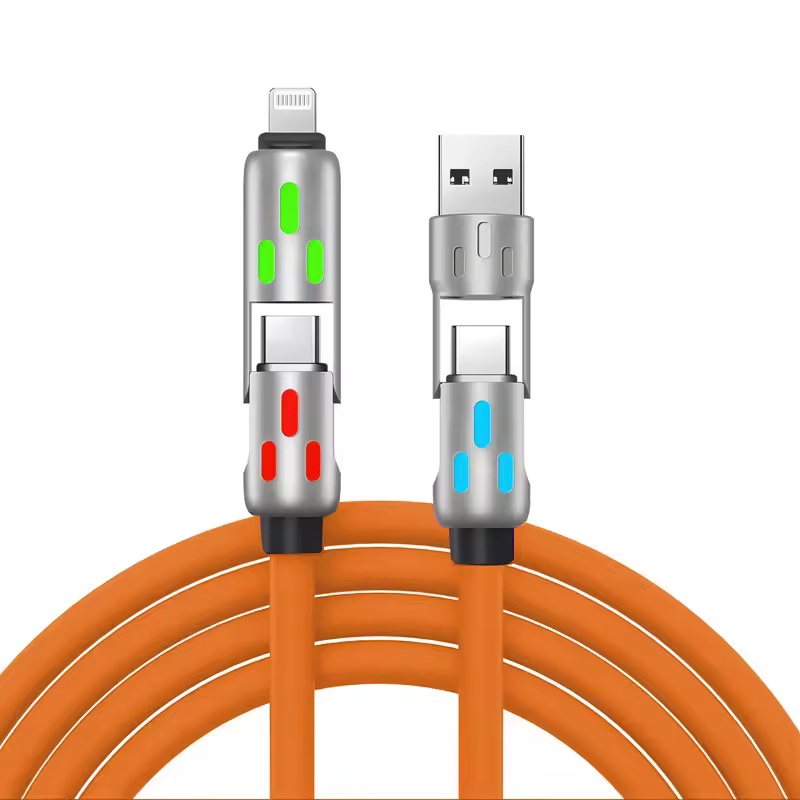 240W Silicone 4-in-1 Multi USB Charger Cable 3A Fast Charging with LED Light USB Type C & Braid Shielding TPE Jacket 60W Power