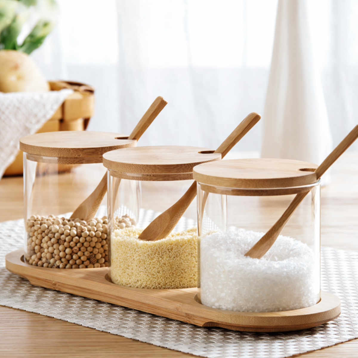 Set de 3 Condimenteros de Vidrio y Bambú 320 ml c/u