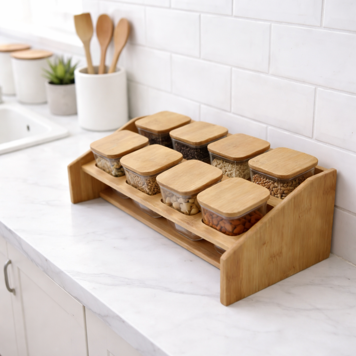 Set de 8 Frascos de Vidrio y Bambú Redondo + Soporte de regalo