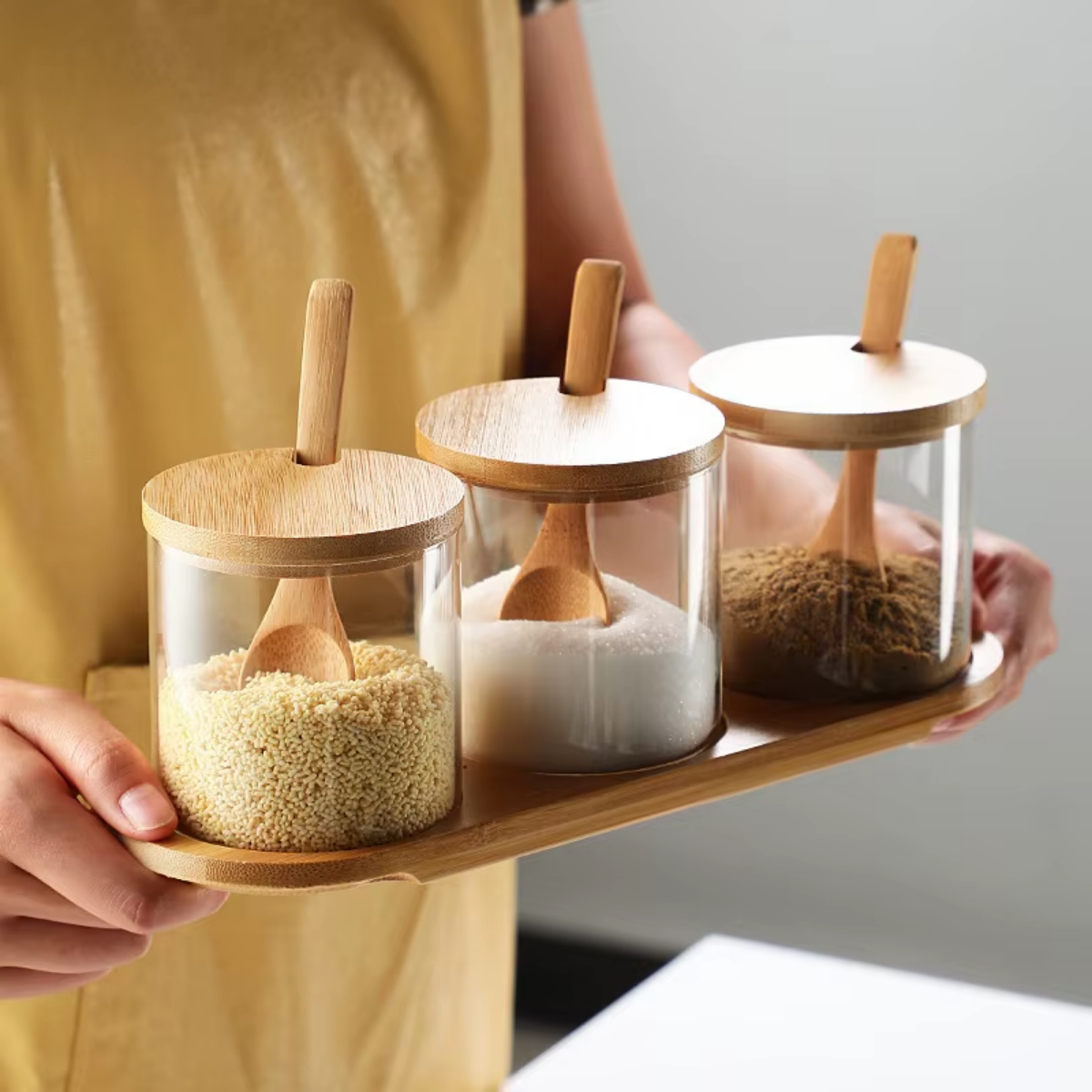 Set de 3 Condimenteros de Vidrio y Bambú 320 ml c/u