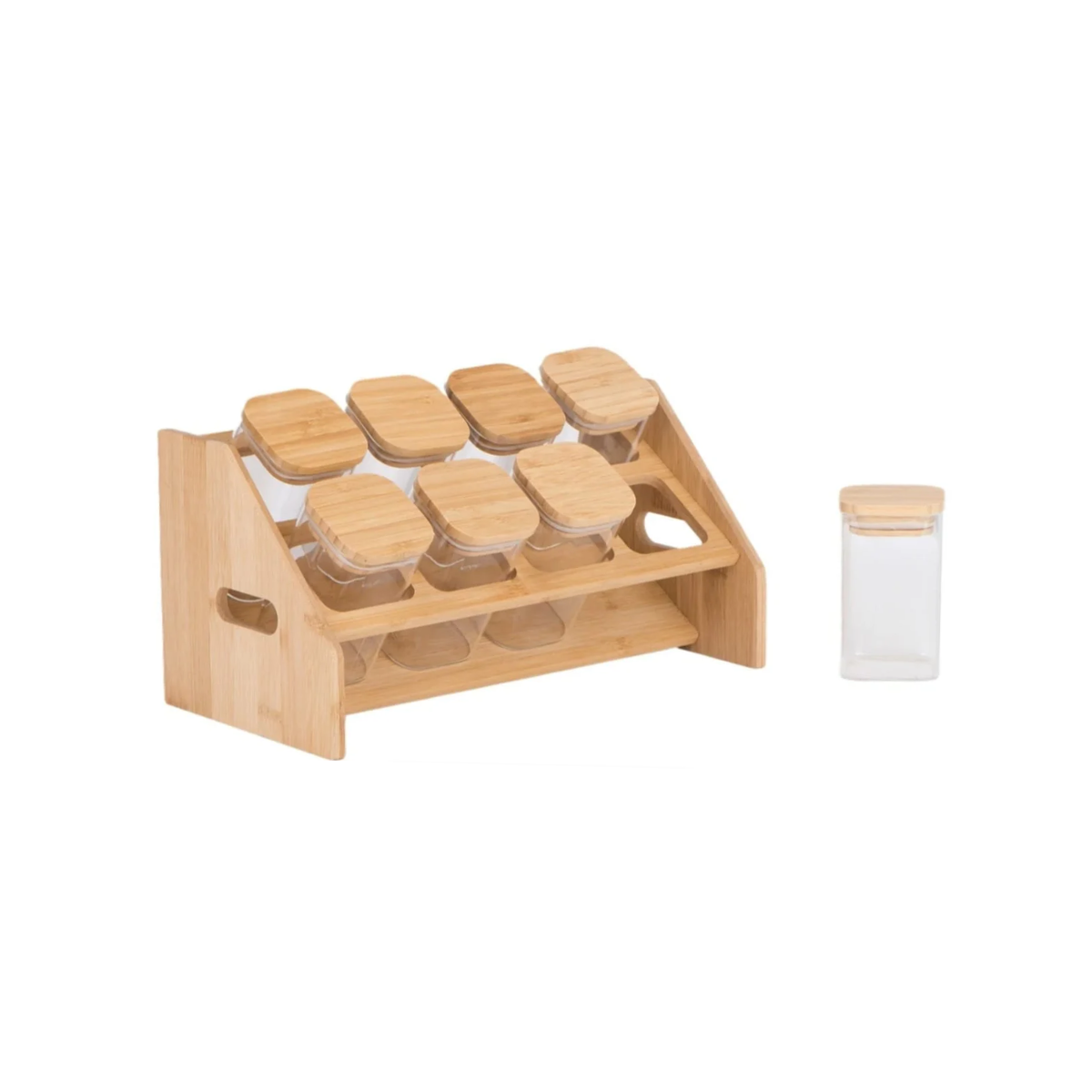 Set de 8 Frascos de Vidrio y Bambú Cuadrados + Soporte de regalo