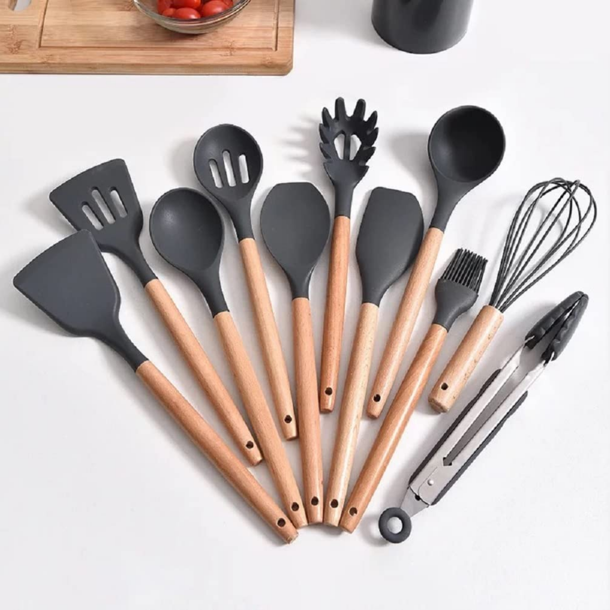 Set de 12 Piezas de Utensilios de Madera Gris
