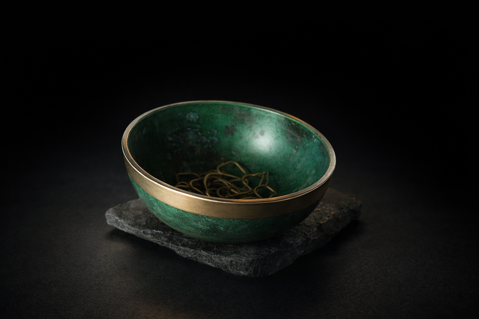 Brass-Edged Green Decorative Bowl