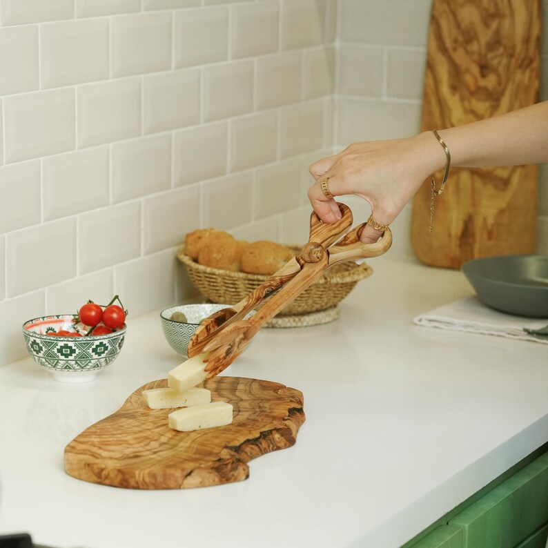 Handmade Olive Wood Salad Tongs: Scissor Grip Serving Utensils