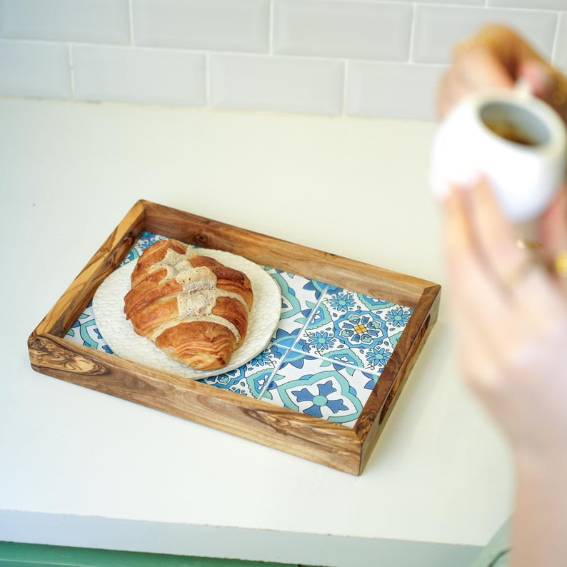 Handmade Olive Wood Serving Tray: Rustic Ceramic Charcuterie Board