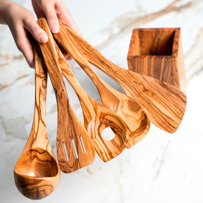 Handmade Olive Wood Utensil Set with Holder: Rustic Kitchen Cooking Tools