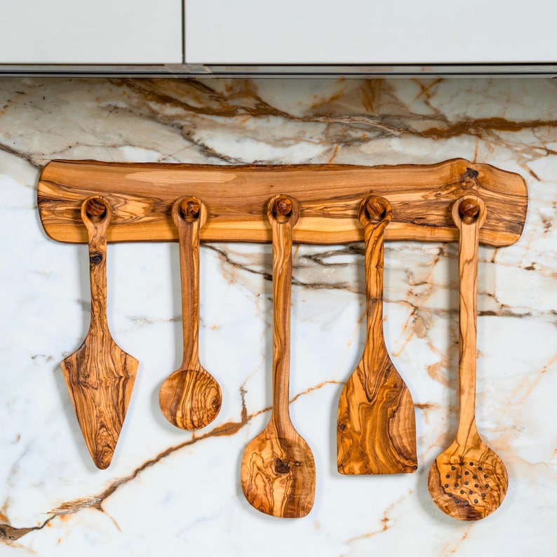 Handmade Olive Wood Utensil Set with Wall Rack: Rustic Kitchen Decor