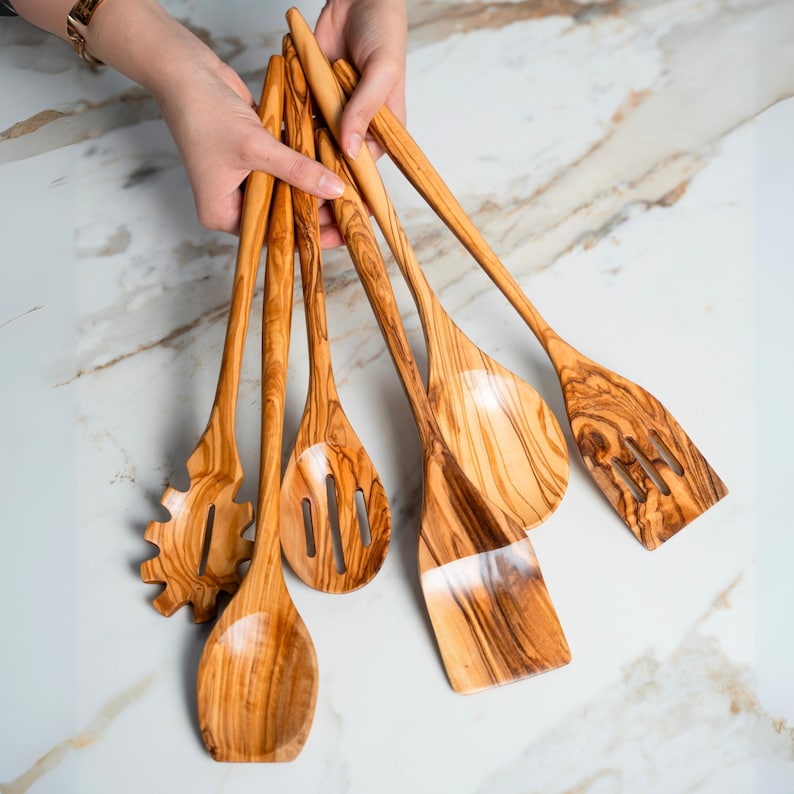 Artisan Olive Wood Kitchen Utensil Set: 6-Piece Mediterranean Cooking Spoons