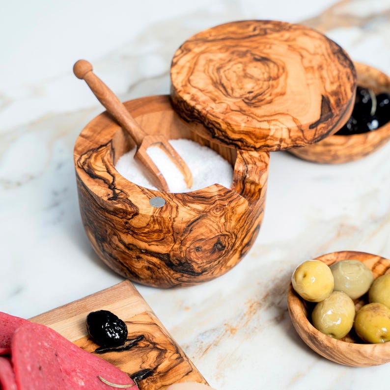 Handmade Olive Wood Salt Cellar with Swivel Lid & Spoon