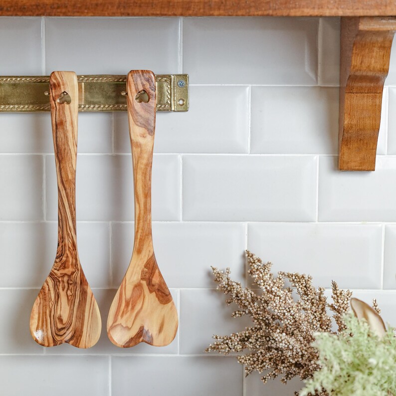 Olive Wood Heart Spoons: Handmade Rustic Kitchen Utensil Set
