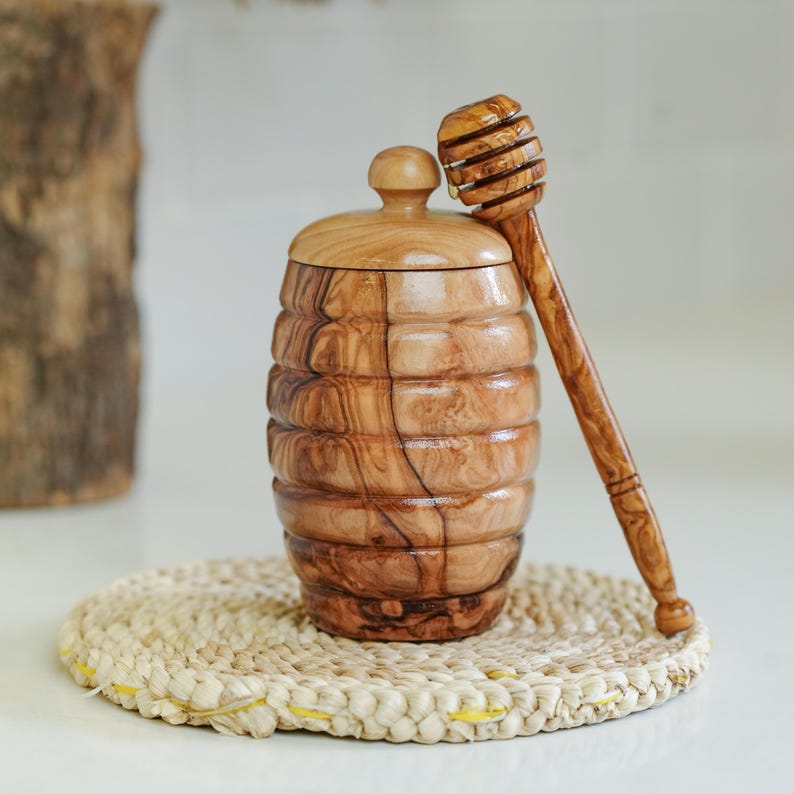 Olive Wood Honey Jar with Dipper ? Handmade Beehive Pot | Rustic Kitchen Gift | Natural Olivewood