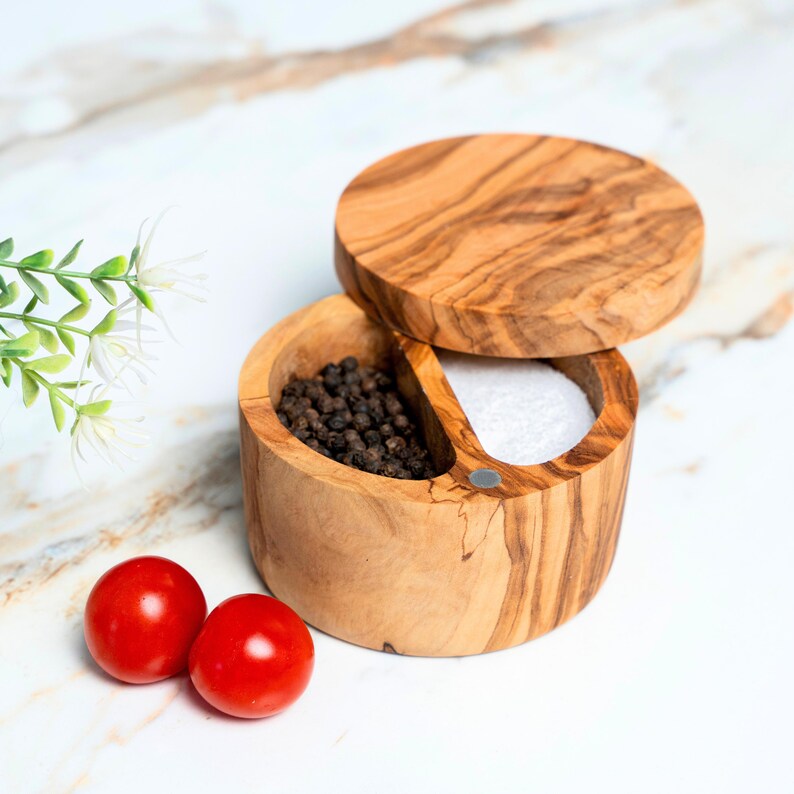 Handmade Olive Wood Salt and Pepper Cellar: Magnetic Lid Spice Box
