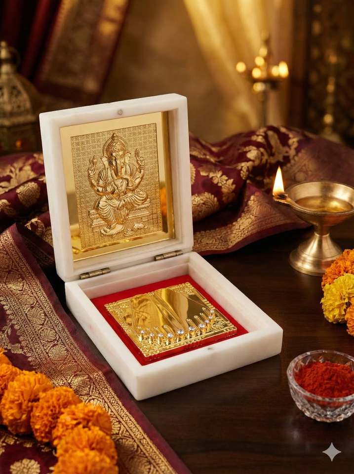 Gold-Plated Ganesh Idol in Marble Box