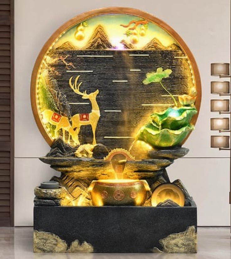 Golden Illuminated Deer Fountain