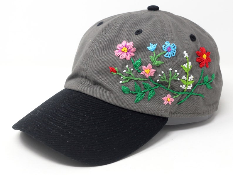 Wash Cotton 2 Tone Baseball Cap, Hand Embroidered Flower Hat, Mix Flower Garden, Curved Brim Baseball Hat, Black Grey Cap