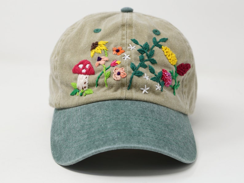 Hand Embroidered Mushroom Flower Hat Cap, Wash Cotton Baseball Cap, 2 Tone Curved Brim Baseball Hat, Navy Green Summer Cap