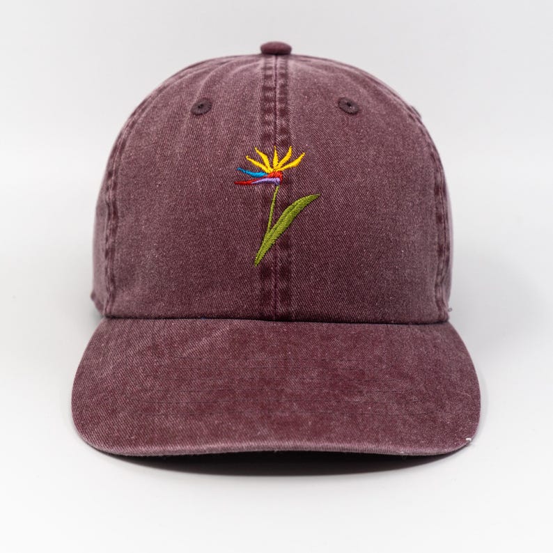 Bird of Paradise Flower Embroidered Baseball Cap, Washed Cotton Curve Brim Summer Hat