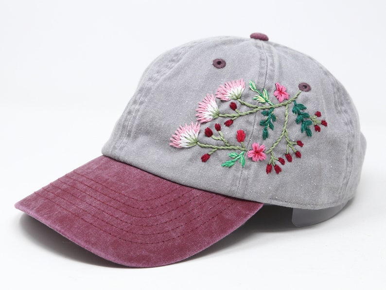 Wash Cotton Baseball Cap, Hand Embroidered Pink Floral Flower Hat, Two Tone Gray Red Curved Brim Baseball Hat, Colorful Summer Cap