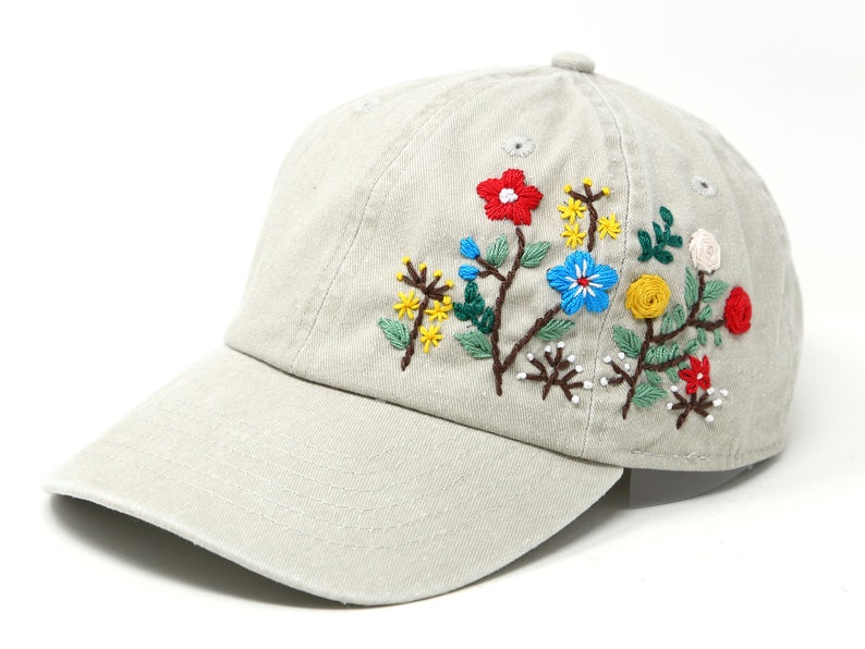 Hand Embroidered Flower Garden Cotton Baseball Cap, Hand Embroidered Multi Color Sun Hat, Curve Brim Summer Cap, Unique