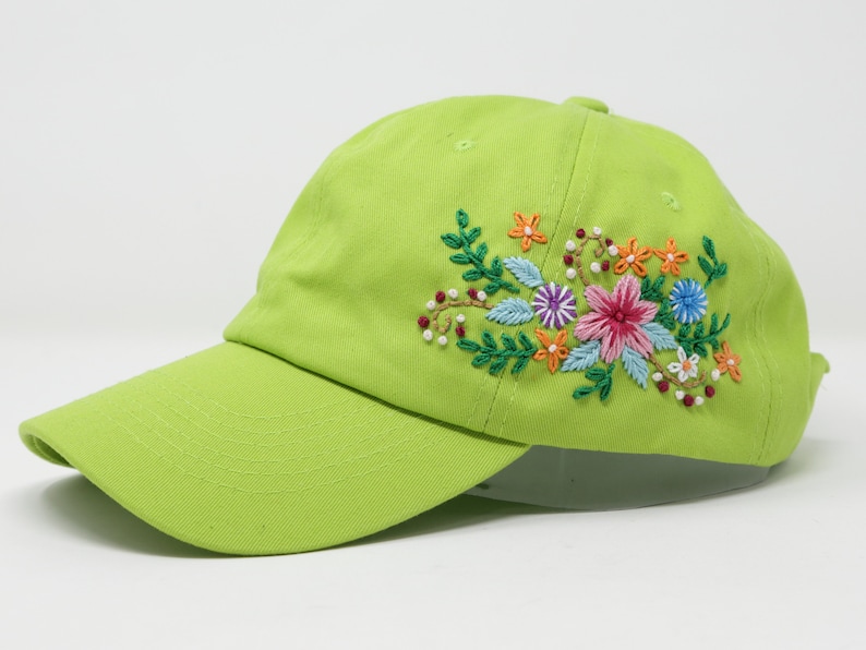 Hand Embroidered Multi Color Flower Cotton Baseball Cap, Hand Embroidered Green Sun Hat, Curve Brim Summer Cap, Unique