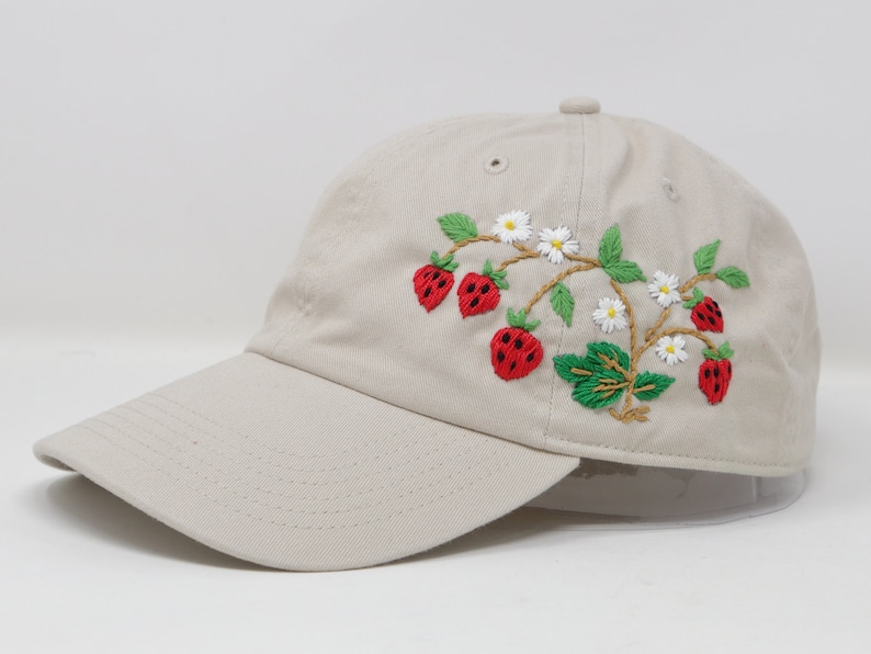 Strawberry Embroidered Baseball Cap, Large Hand Embroidered Flower Hat, Curved Brim Baseball Hat, Cream White Summer Cap