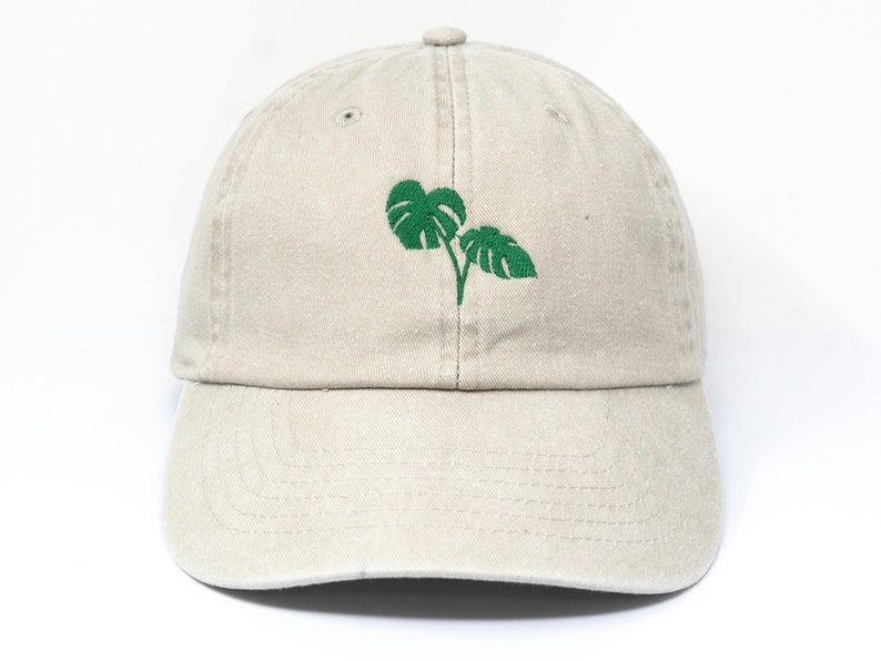 Monstera Embroidered Tropical Plant Green Leaf Baseball Cap, Washed Cotton Curve Brim Summer Hat