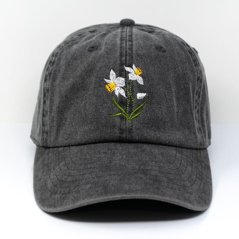 Daffodil Flower Embroidered Baseball Cap, Washed Cotton Curve Brim Summer Hat