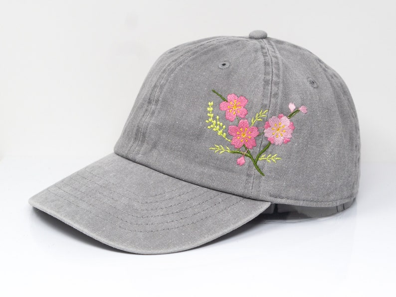 Flower Embroidered Cherry Blossom Sakura Baseball Cap, Washed Cotton Curve Brim Summer Hat Grey