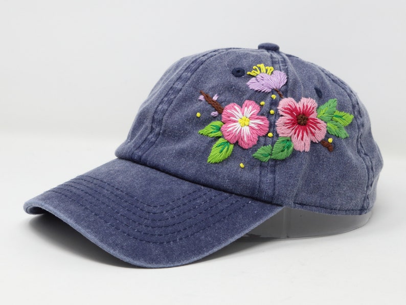 Wash Cotton Baseball Cap, Large Hand Embroidered Flower Hat, Curved Brim Baseball Hat, Colorful Summer Cap