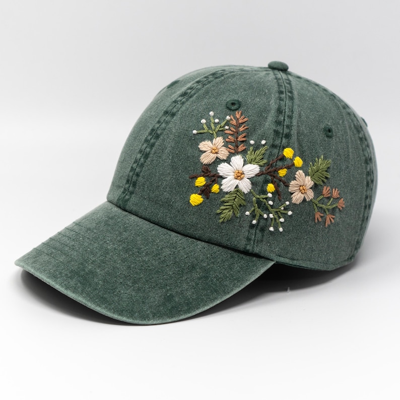 Boho Floral Embroidered Green Baseball Cap ? Cute Wildflower Design ? Unique Gift for Her
