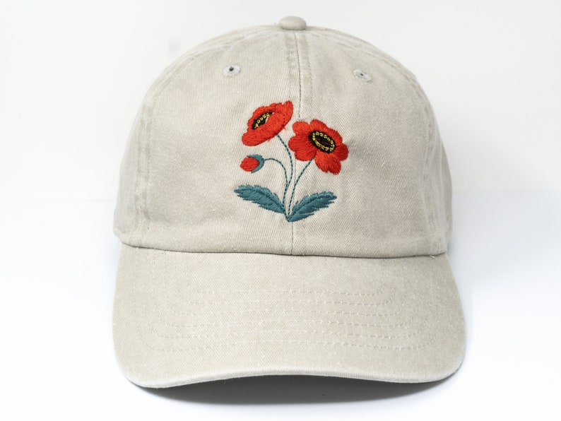Red Poppy Flower Embroidered Baseball Cap, Washed Cotton Curve Brim Summer Hat