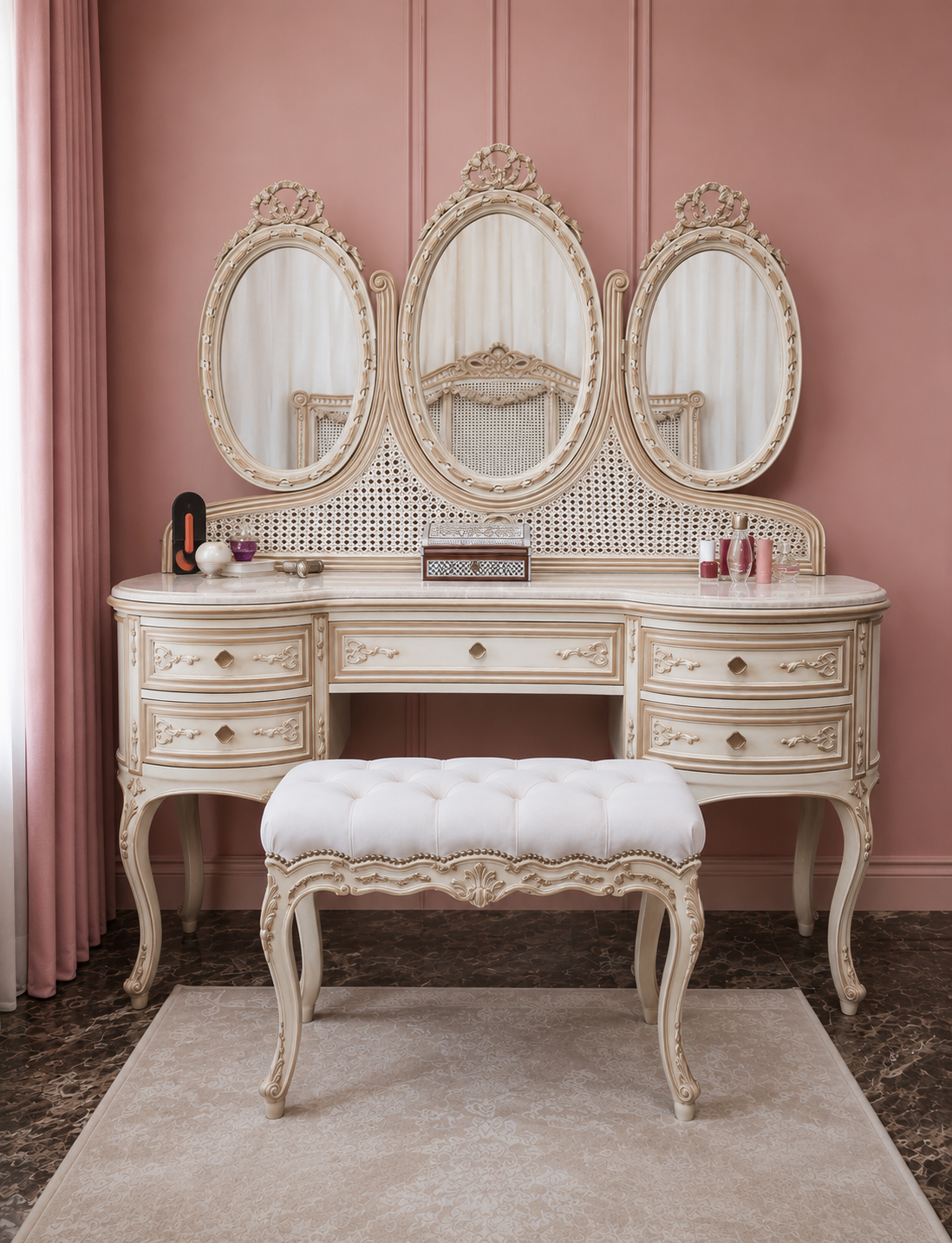 Modern Cane Dressing Table with Triple Oval Mirror