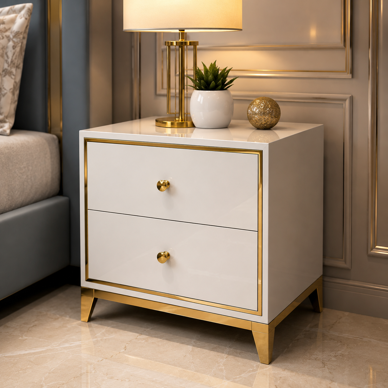  Modern Upholstered Bed with Gold Accents