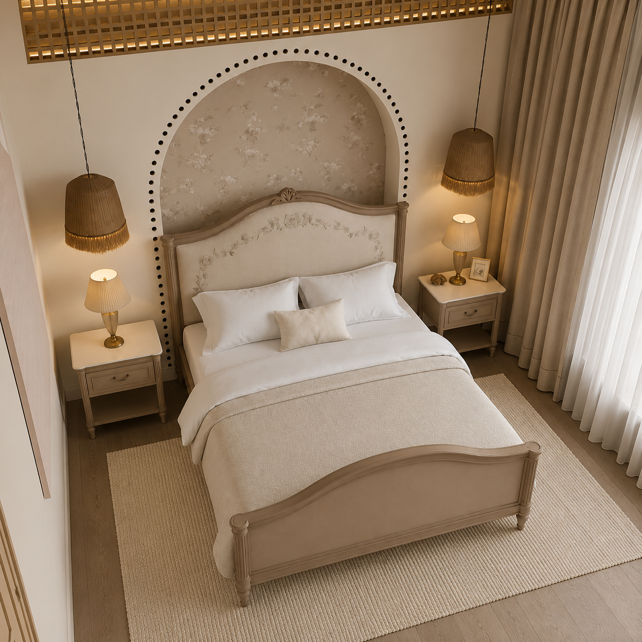 Modern Curved Upholstered Bed with Soft Wood Finish